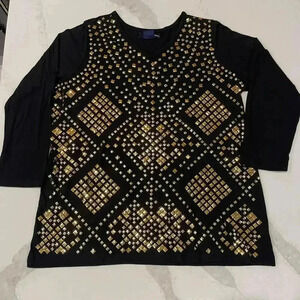 Denim 24/7 Gold Studded Black V Neck Soft Knit Pullover Tunic Blouse Women's 1X